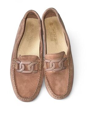 Piero Maserati tan suede loafers with chain detailing and leather sole